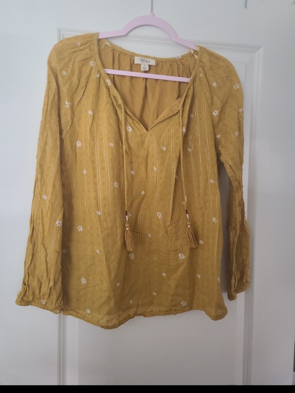 Style & Co. mustard yellow embroidered peasant tunic with tassel tie